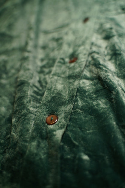 Green velvet shirt + checkered skirt