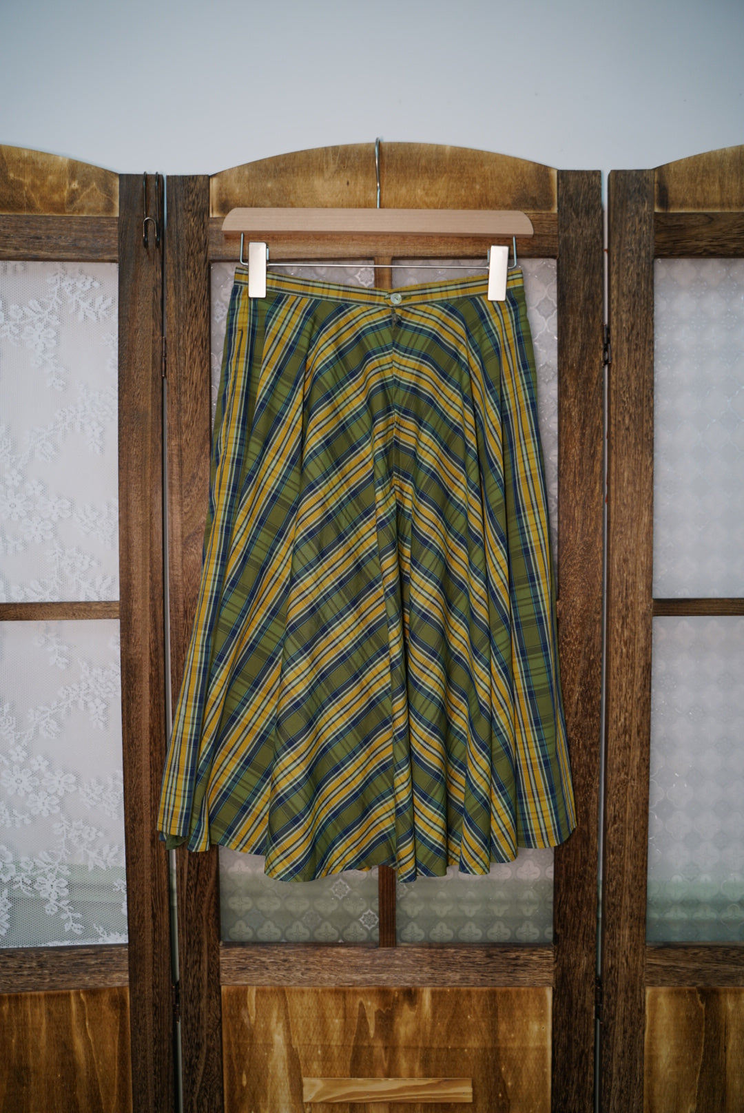 Yellow and green checkered umbrella skirt