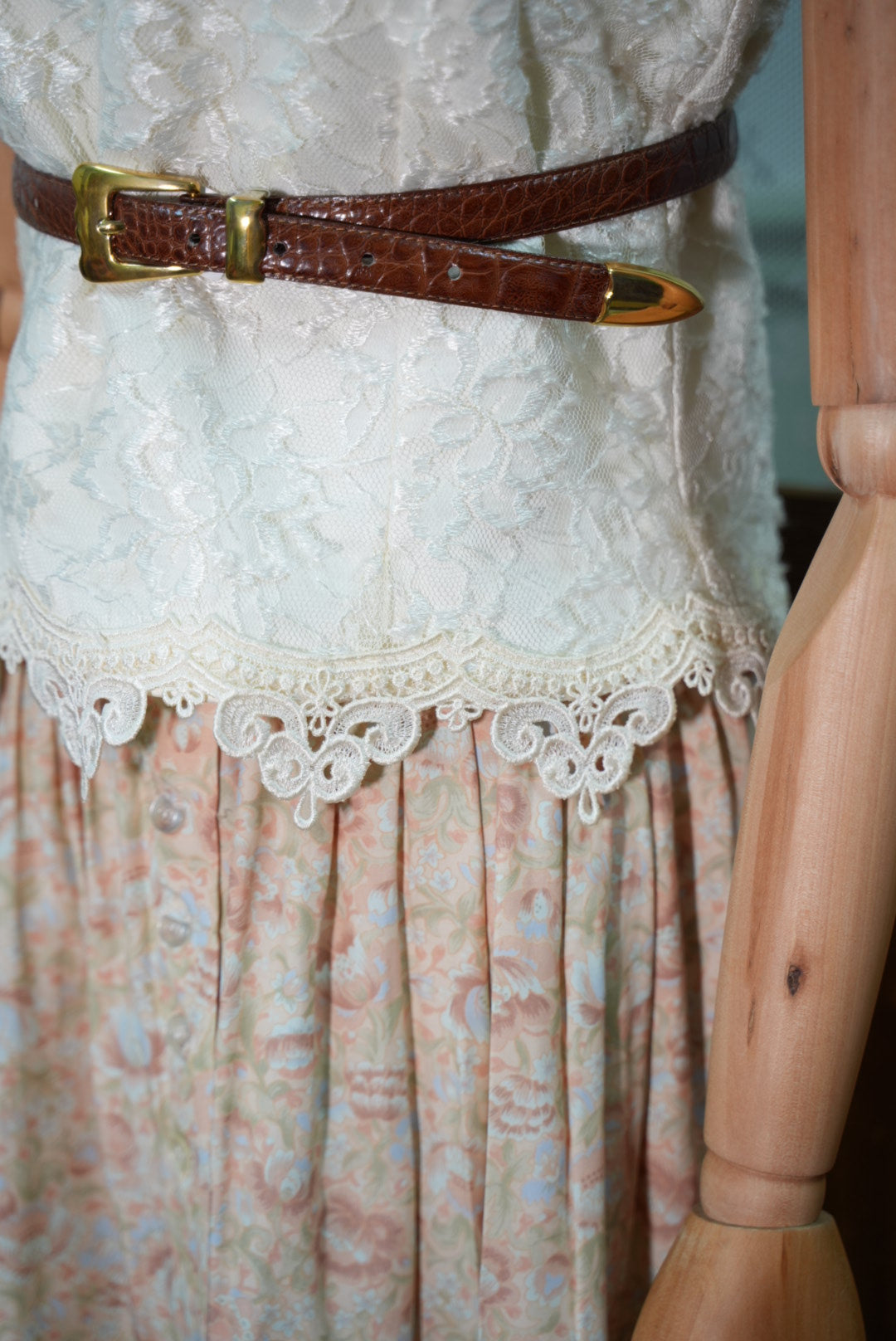 Heavy industry lace vest + light crushed floral skirt