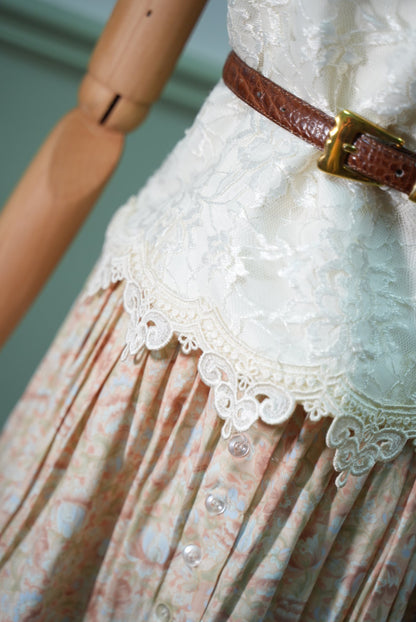 Heavy industry lace vest + light crushed floral skirt