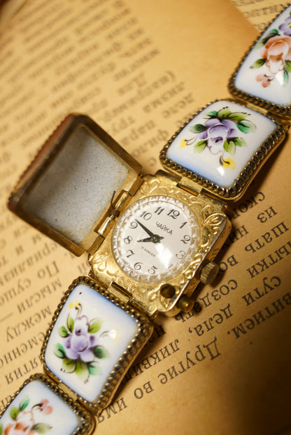 Russian-made, hand-painted floral mechanical watch.