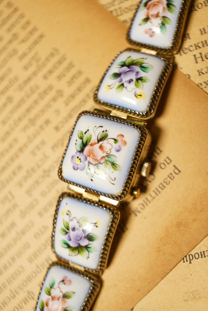 Russian-made, hand-painted floral mechanical watch.