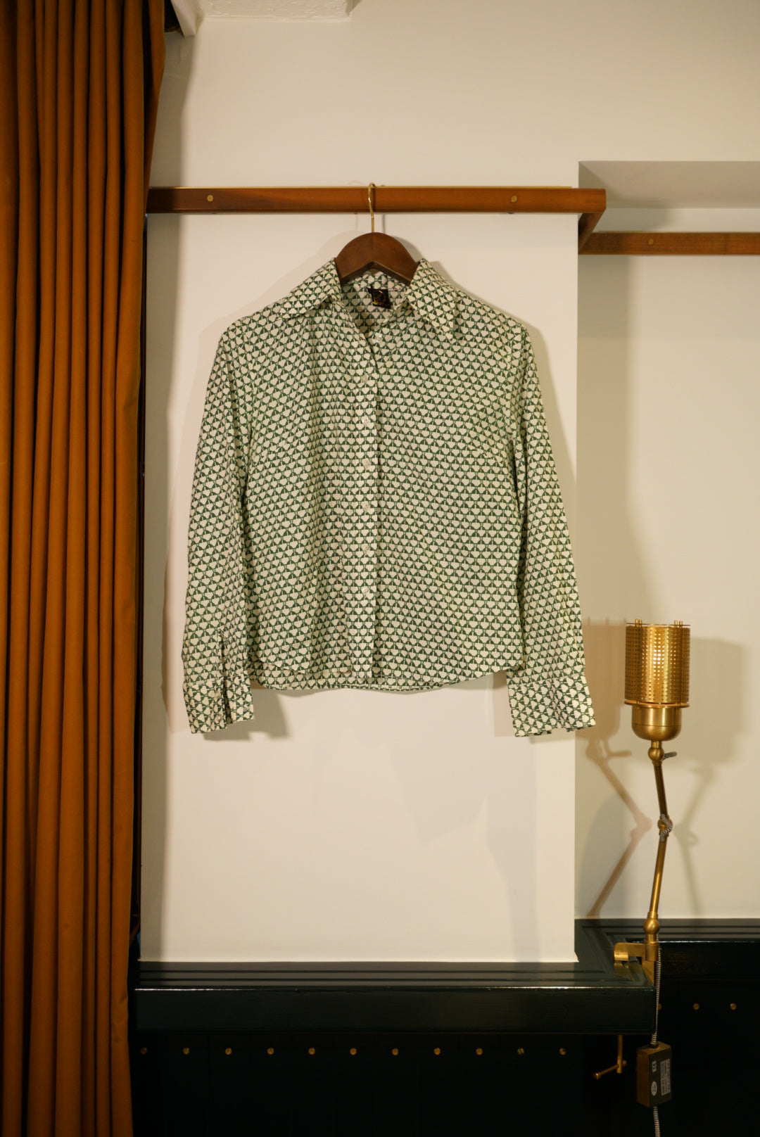 Green patterned long-sleeved shirt + corduroy shorts