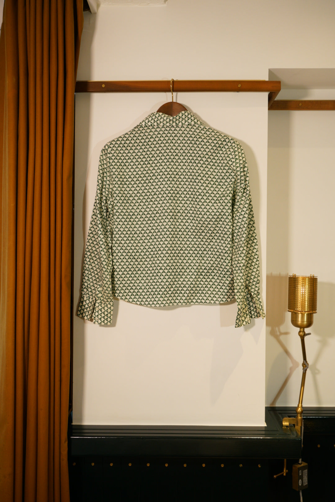 Green patterned long-sleeved shirt + corduroy shorts